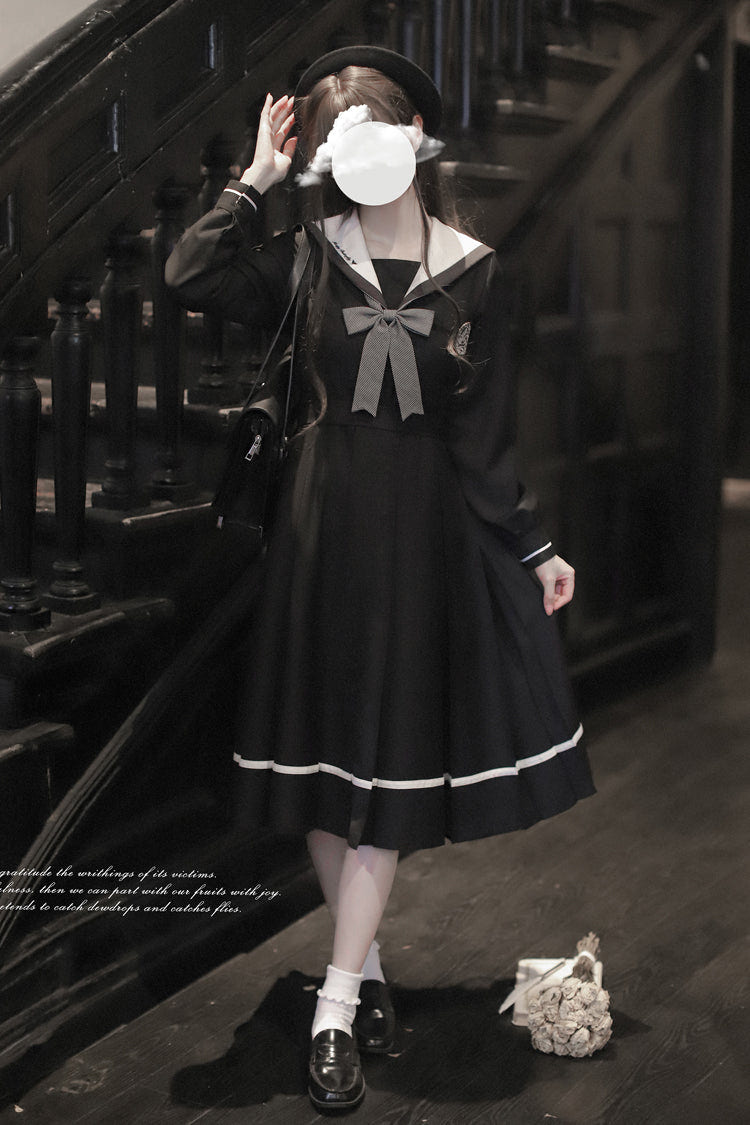 Black Navy Collar Long Sleeves Bowknot Sweet Japanese College Style Elegant Lolita Dress - Product - 9