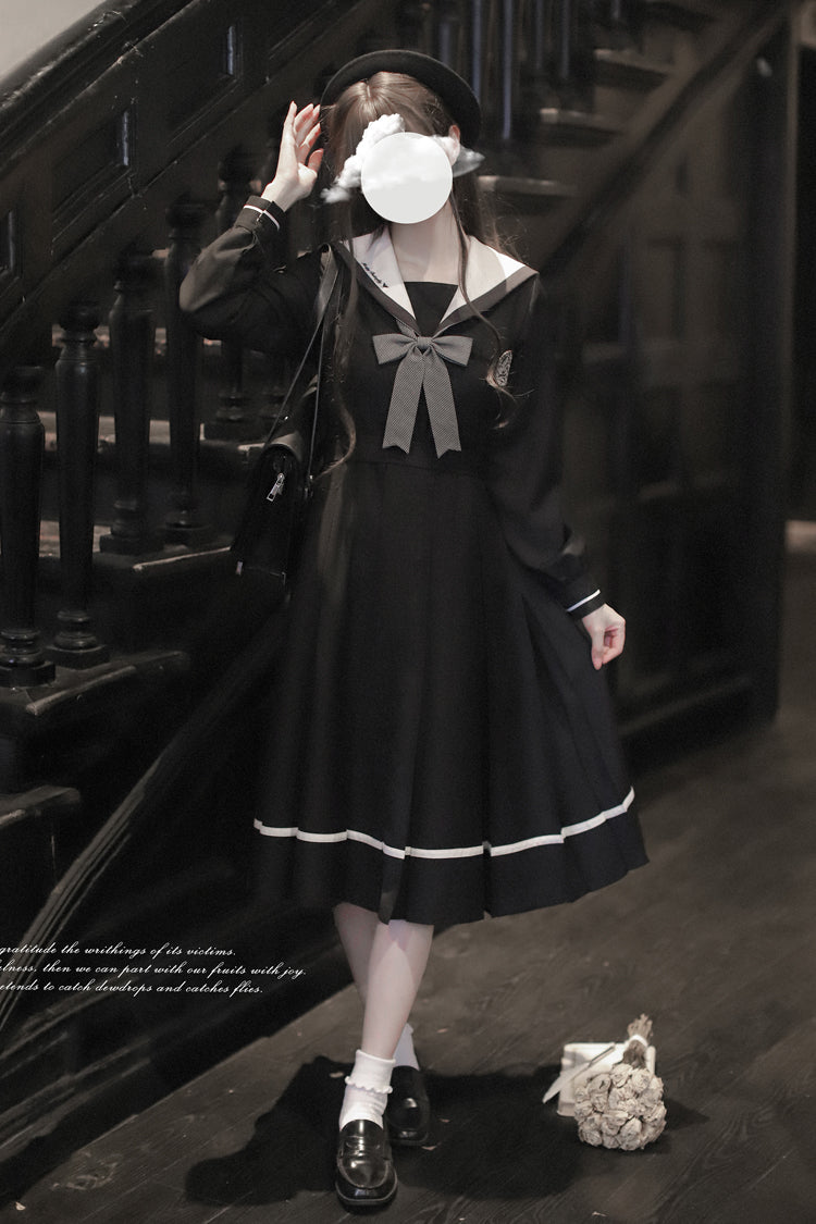 Black Navy Collar Long Sleeves Bowknot Sweet Japanese College Style Elegant Lolita Dress - Product - 9