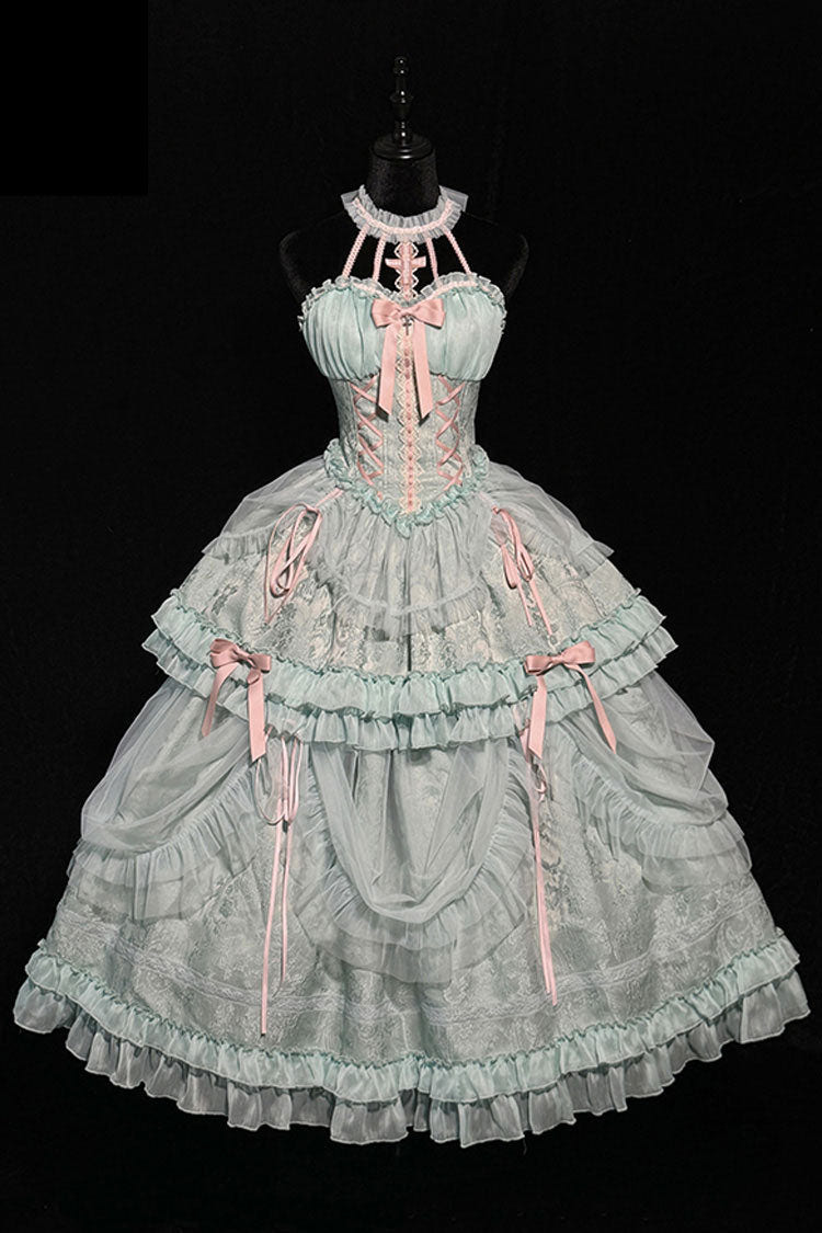 Green Cross Halterneck Ruffle Bowknot Lace Lace-Up Princess Sweet Lolita Dress - Product - 10