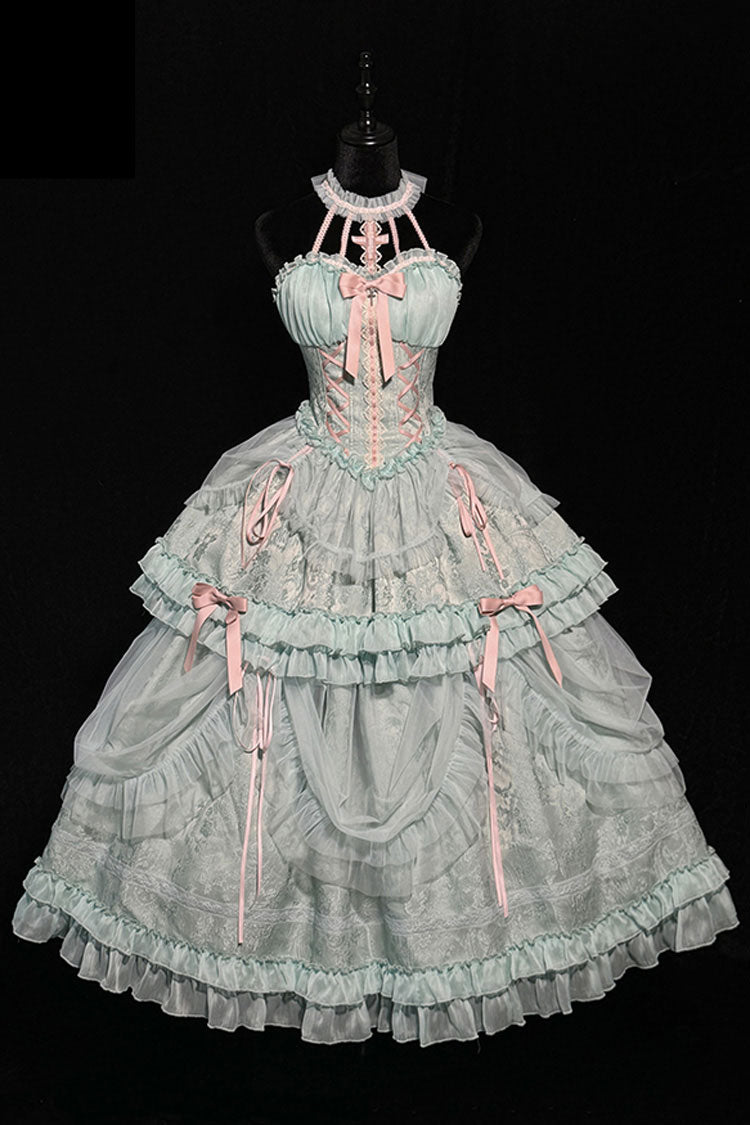Green Cross Halterneck Ruffle Bowknot Lace Lace-Up Princess Sweet Lolita Dress - Product - 10