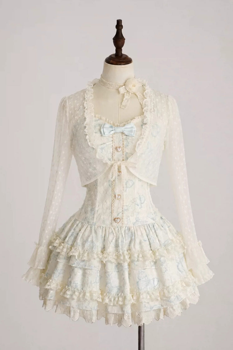 Sweet Square Collar Sleeveless Ruffled Embroidered Bow Lace Boned Lolita Dress 3 Colors (Pink, Green, Blue) - Product - 8
