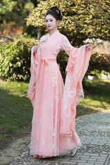 Pink V Collar High Waisted Embroidery Slim Women's Classic Chinese Style Hanfu Dress Full Set - Product - 3