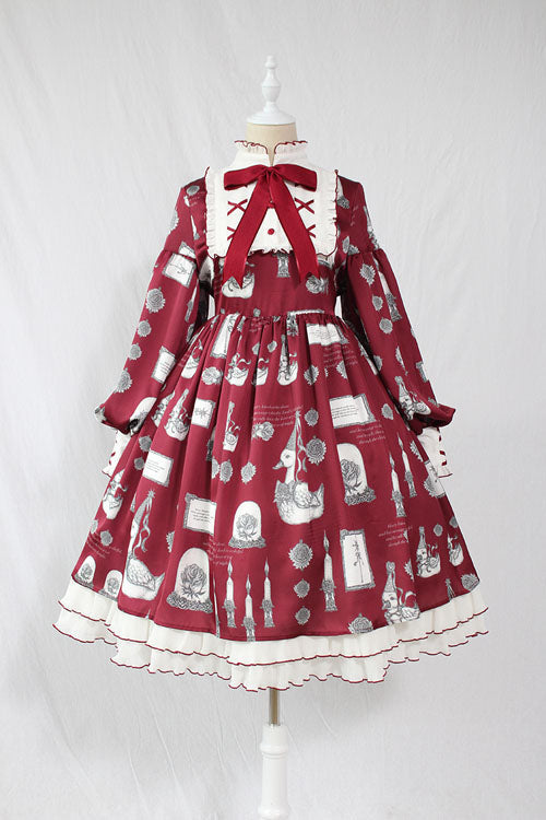 Christian Pious Duck Print Long Sleeves Bowknot Sweet Lolita OP Dress - Wine - 1