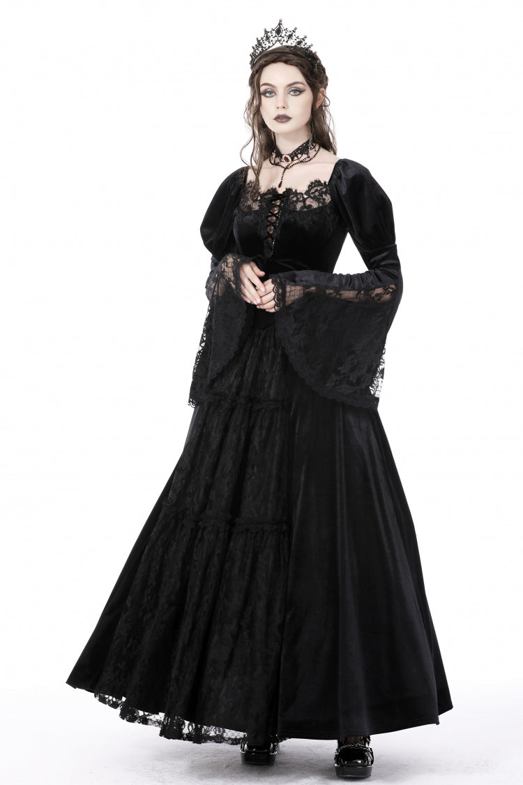 Black Long Puff Sleeves Spliced Lace Lace-Up Women's Gothic Vintage Velvet Wedding Dress - Product - 9