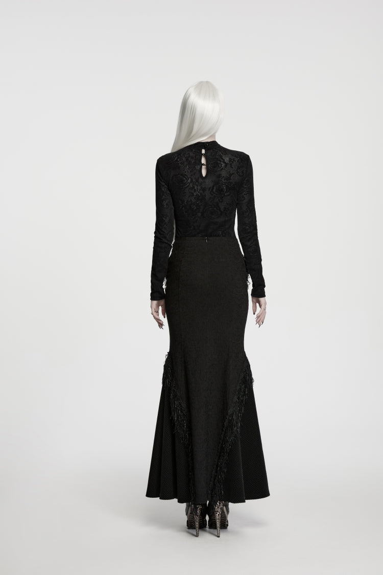 Black  High Collar Long Sleeves Rose Jacquard Lace Slim Fit Women's Gothic Luxurious Top - Product - 3