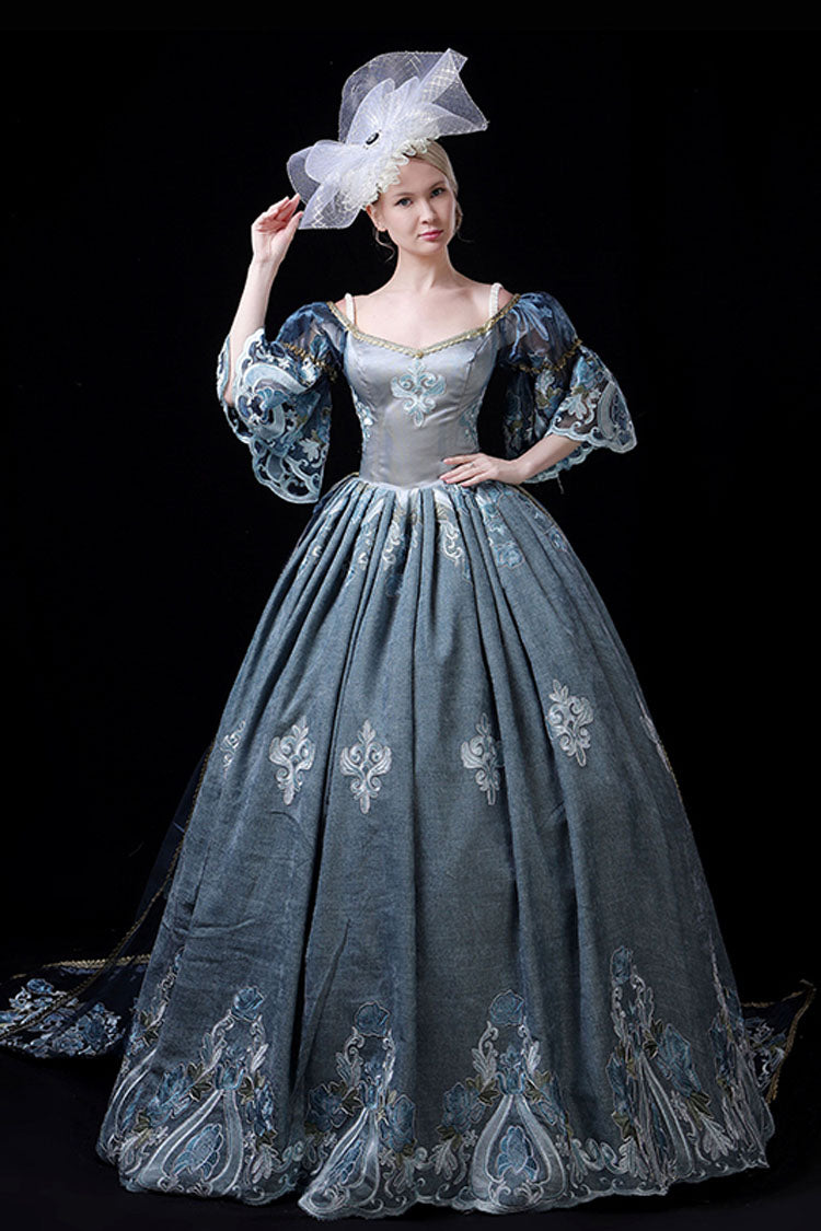 Half Sleeves High Waisted Hollow Embroidery Print Victorian Lolita Prom Dress - Blue - 6