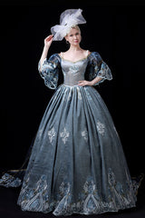Half Sleeves High Waisted Hollow Embroidery Print Victorian Lolita Prom Dress - Blue - 6