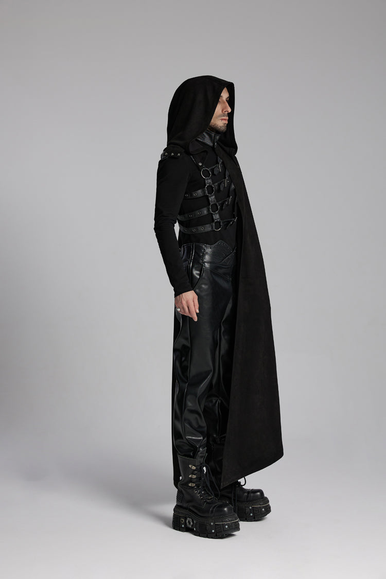 Black Hooded Buckle-up Rivets Men's Punk Cloak - Product - 2