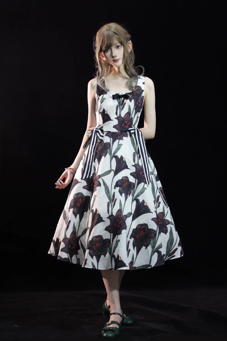 Ivory Square Collar Sleeveless Black Lily Printed Bow Gothic Lolita Jsk Dress - Product - 3