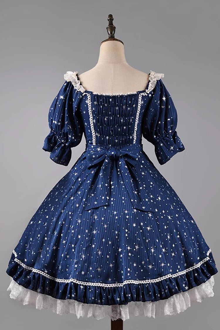 Midsummer Galaxy Shiny Star Print Short Sleeves Ruffle Bowknot Sweet Lolita OP Dress - Product - 13