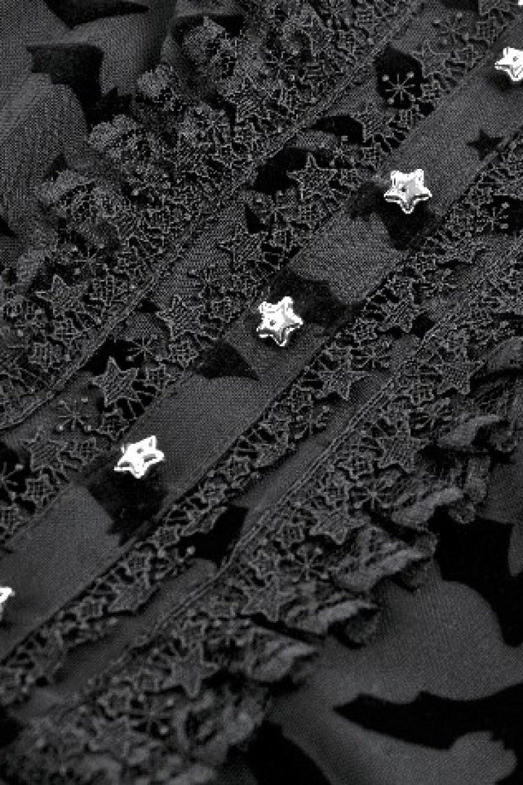 Black Square Collar Long Trumpet Sleeves Bat Printed Lace Irregular Hem Women's Gothic Dress - Product - 13