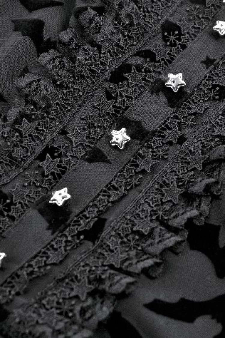 Black Square Collar Long Trumpet Sleeves Bat Printed Lace Irregular Hem Women's Gothic Dress - Product - 13
