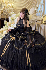 Black [Obsidian Banquet] Double-Layered Ruffled Hanayome Bow Lace Sweet Gothic Princess Lolita Jsk Dress - Product - 2