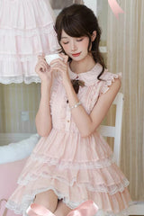 Pink Doll Collar Triple-Layered Ruffled Bow Lace Sweet Lolita Dress - Product - 3