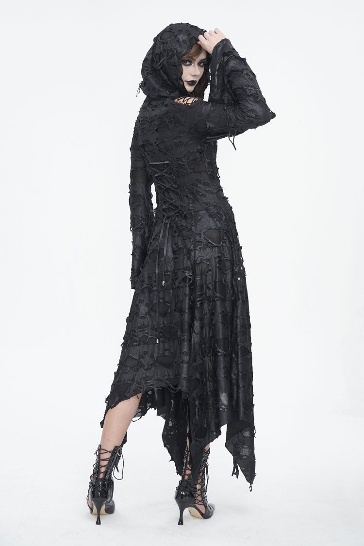 Black Long Trumpet Sleeves Irregular Hooded Womens Gothic Dress - Product - 6