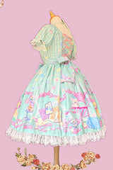 Green [Macarons Dolly House] Square Collar Short Lantern Sleeves Printed Bow Sweet Lolita Dress - Product - 6