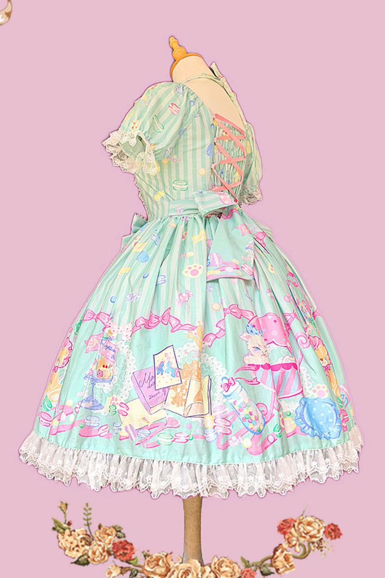 Green [Macarons Dolly House] Square Collar Short Lantern Sleeves Printed Bow Sweet Lolita Dress - Product - 6