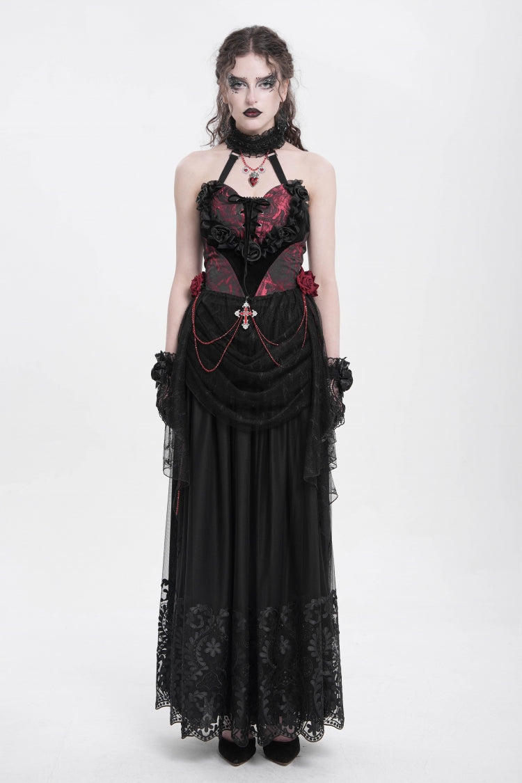 Red Halterneck Sleeveless Embroidery Stitching Rose Heart Lace Women's Gothic Blouse - Product - 6