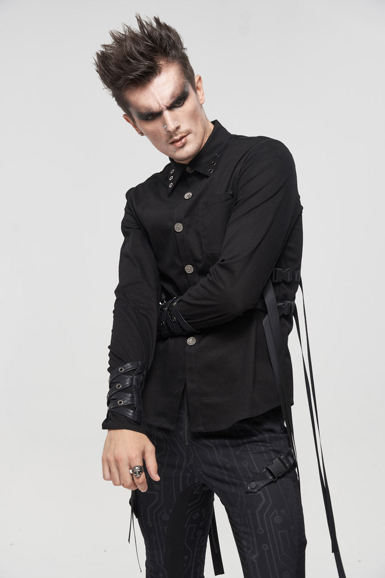 Black Nylon Strap Metal Buckle Decoration Long Sleeve Elasticity Men's Punk Shirt - Product - 4