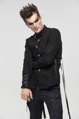 Black Nylon Strap Metal Buckle Decoration Long Sleeve Elasticity Men's Punk Shirt - Product - 4