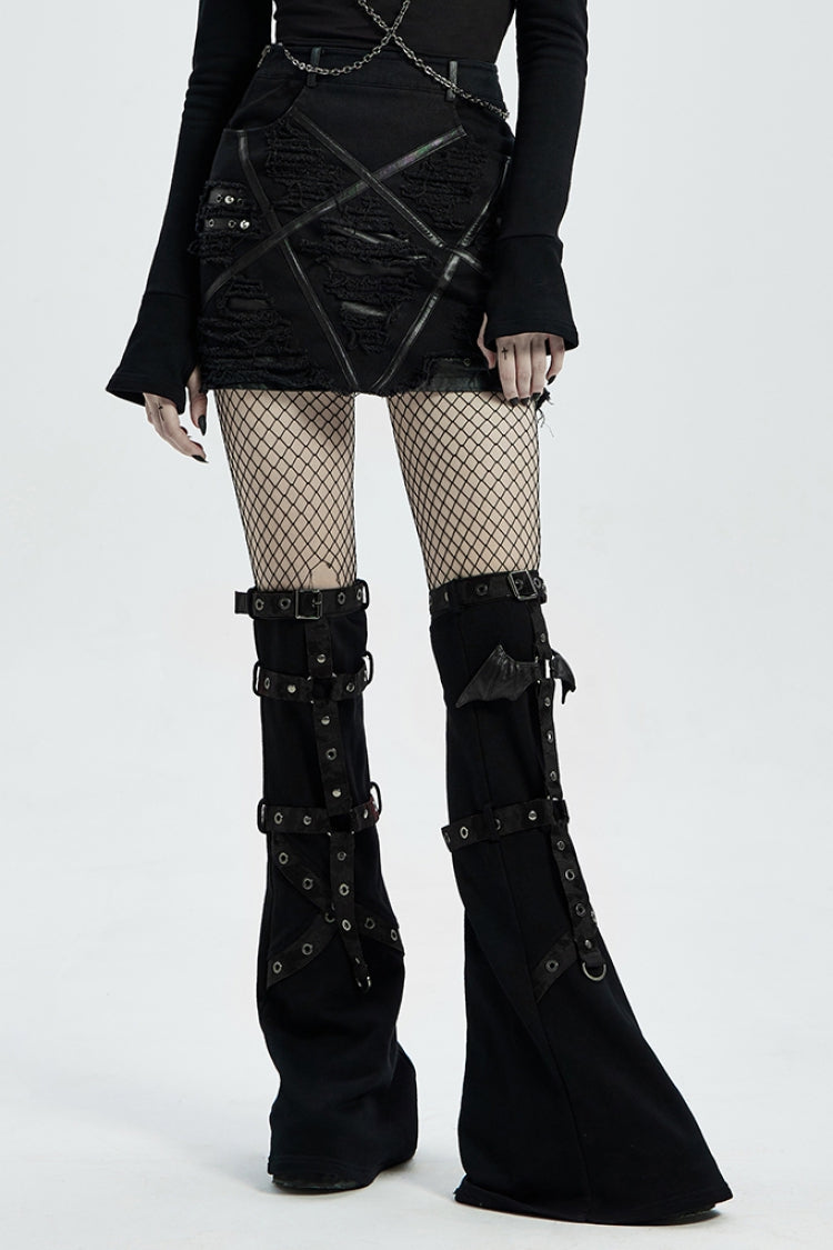 Black Five-Pointed Print Slim Ripped Metal Nail Decoration Women's Steampunk Skirt - Black - 1