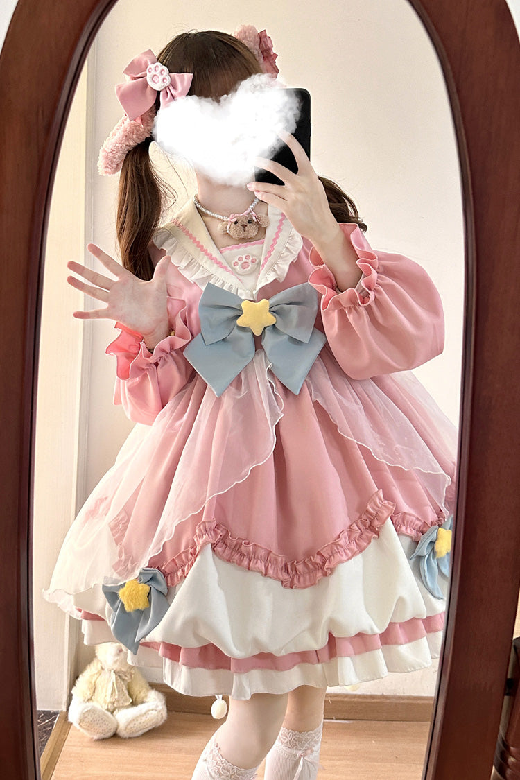 [Pray Star] Long Sleeves Double-Layered Ruffle Bowknot Stitching Lace Sweet Lolita Dress 5 Colors - Product - 18