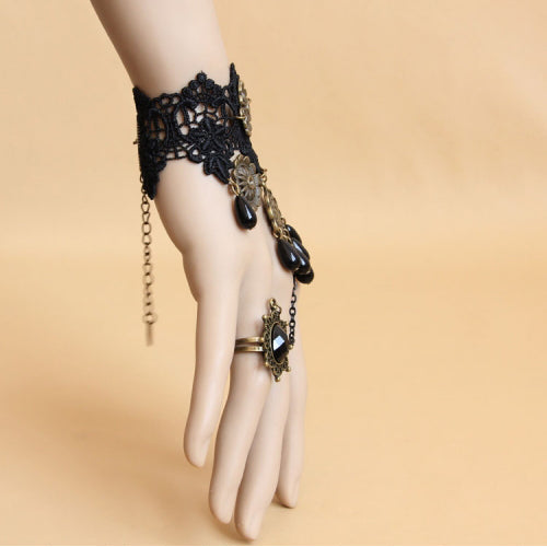 Black Retro Lace Pearl Gems Palace Prom Female Personality Gothic Lolita Bracelet With Ring One Chain - Product - 2