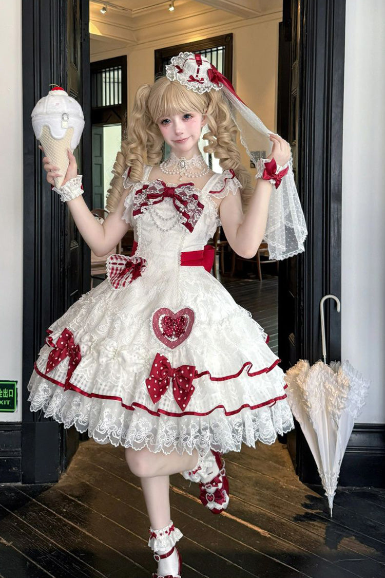 White [Polka-Dot Love Letter] Sleeveless Double-Layered Bowknot Lace Pearl Sweet Lolita Jsk Dress - White - 1