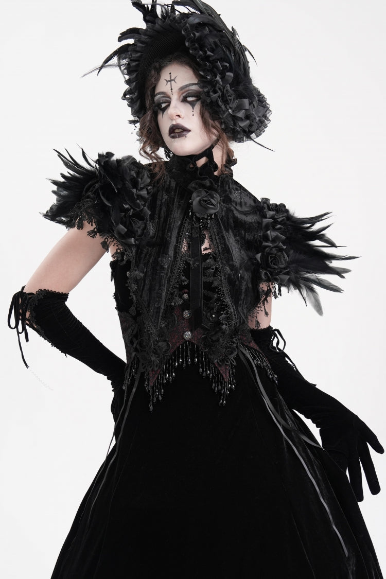 Black Stand Collar Lace Pleated Women's Gothic Tassels Feather Lace Cape - Product - 10