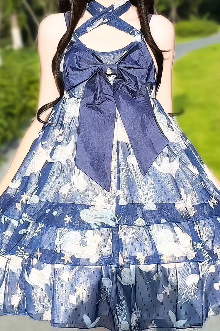 [Ocean Sweetheart] Halterneck Sleeveless Triple-Layered Printed Ruffled Bow Lace Sweet Lolita Strap Dress 5 Colors - Blue - 10