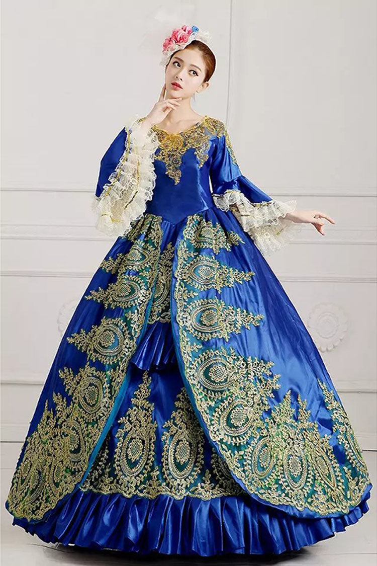 Multi-Layer Half Sleeves Trumpet Sleeves High Waisted Hollow Embroidery Floral Print Ruffled Victorian Lolita Prom Dress - Blue - 3