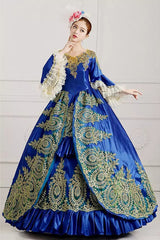 Multi-Layer Half Sleeves Trumpet Sleeves High Waisted Hollow Embroidery Floral Print Ruffled Victorian Lolita Prom Dress - Blue - 3