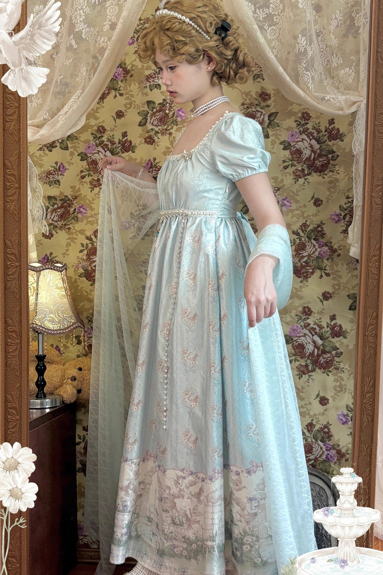 Green [Spring of Nai] Square Collar Short Sleeves Print Pearl Sweet Elegant Lolita Dress - Product - 4