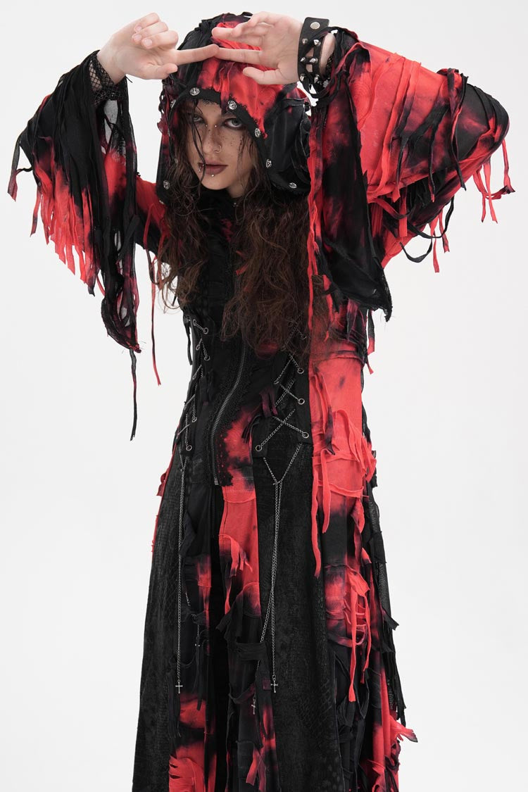 Black/Red Long Sleeves Lace Ripped Zipper Women's Punk Coat - Product - 4