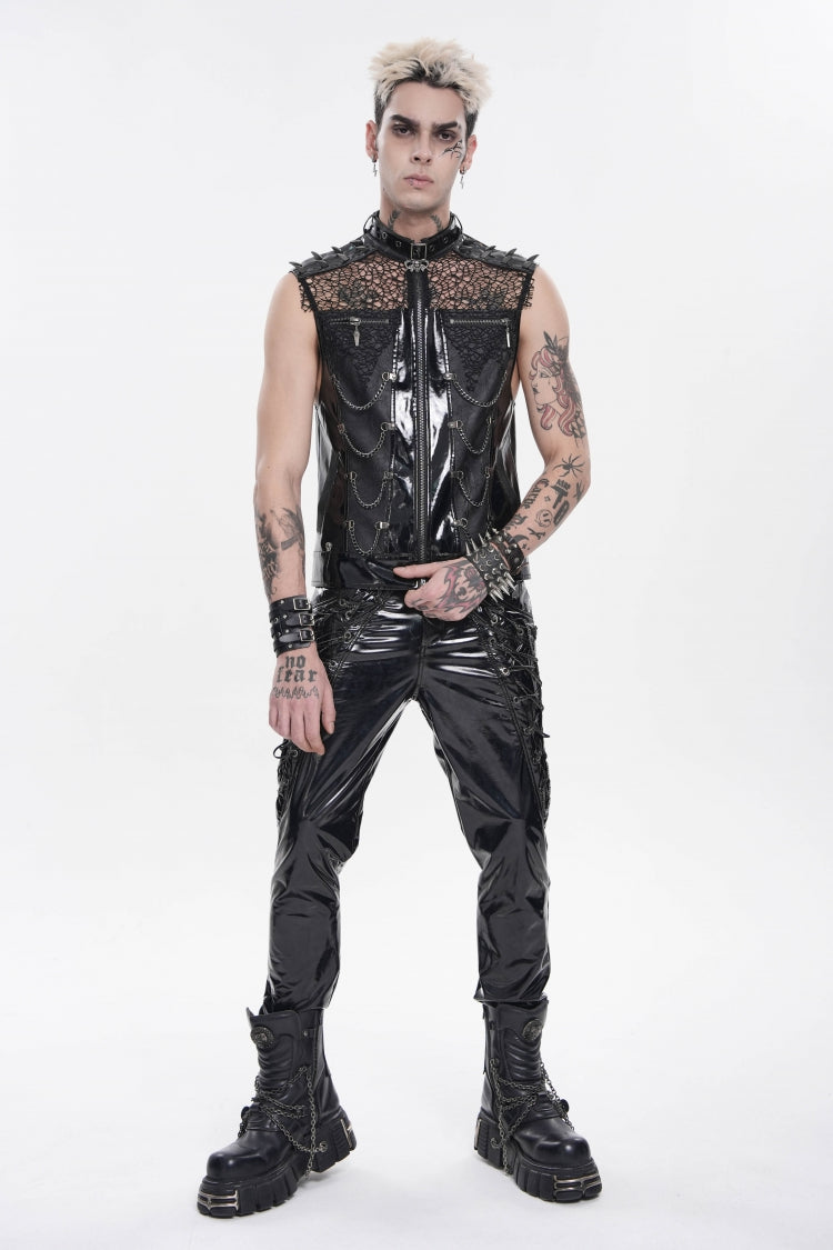 Black Spliced Mesh Studded Buckled Zippered Chain-Decorated Eyelet Men's Punk Cool Vest - Product - 8
