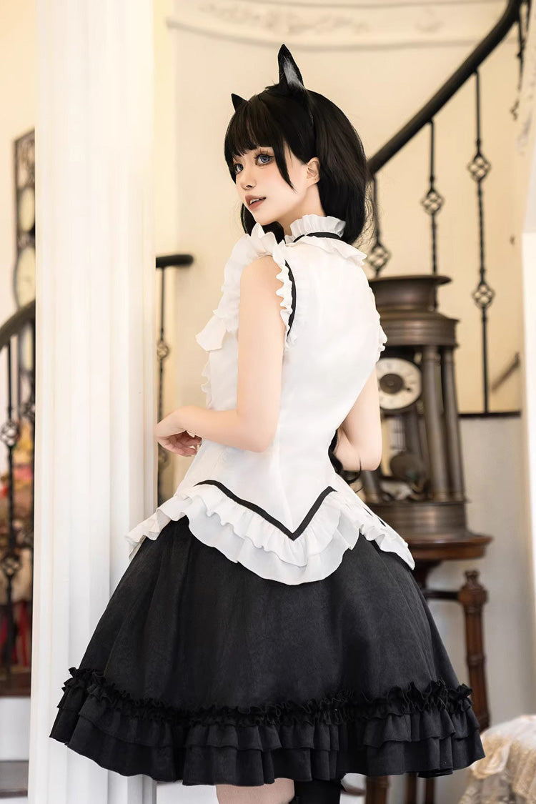 Black/White [Miss Black Cat] Sleeveless Printed Ruffled Sweet Princess Ballet Lolita Skirt Set - Product - 4