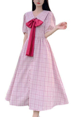 Pink Navy Lapel Collar Check Short Sleeves High Waisted Long Plus Size Sweet Lolita Dress - Pink - 1