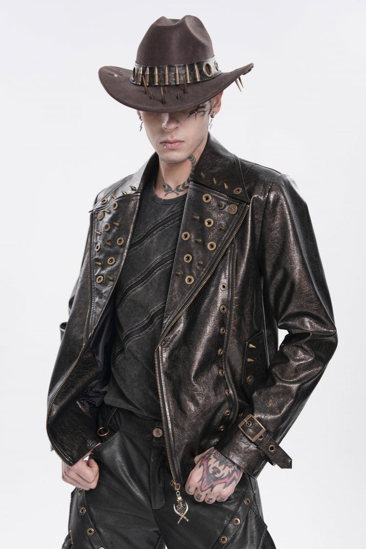 Brown Lapel Collar Long Sleeves Asymmetric Studded Zippered Pleated Eyelet Men's Punk Jacket - Product - 4