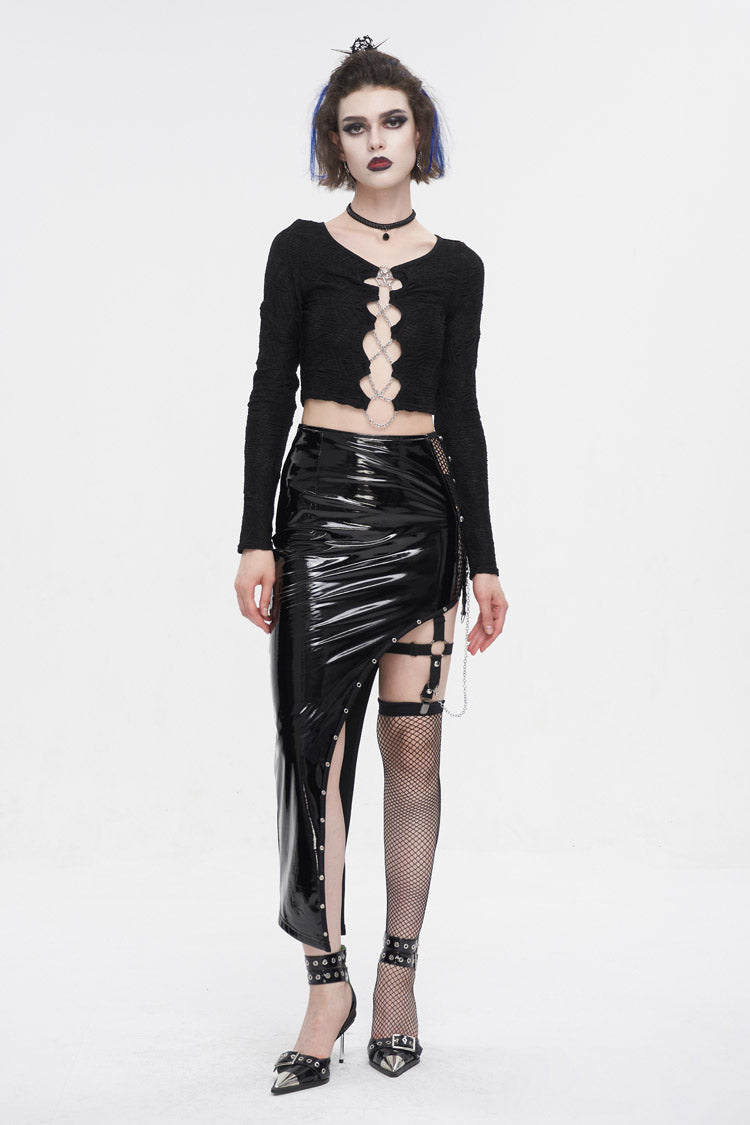 Black Irregular Patent Leather Women's Punk Skirt With Mesh Stocking - Product - 7