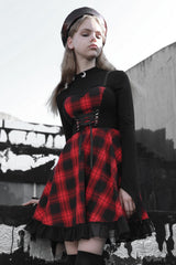 Black/Red Plaid Print Ruffle Lace Women's Punk Dress - Product - 2