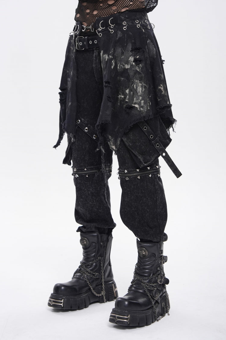 Black Irregular Ripped Buckled Pleated Chain-Decorated Men's Punk Skirt - Product - 8