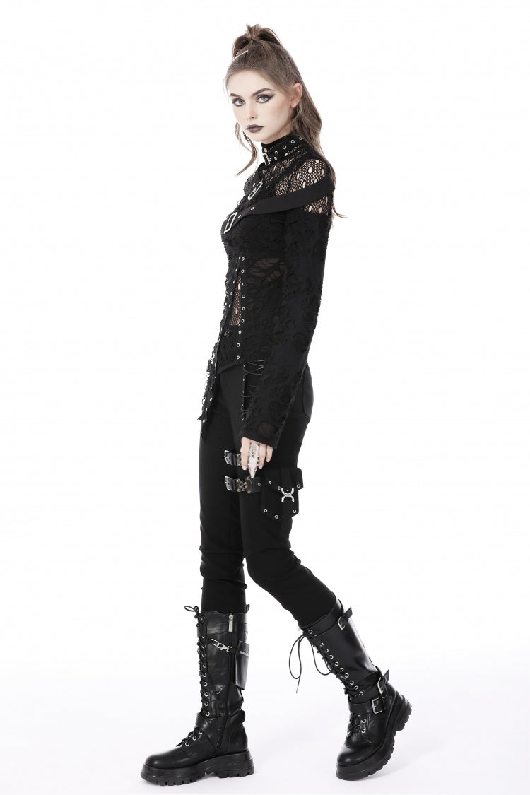 Black Women's Punk Long Sleeves Buckled Asymmetric Ripped Sheer Mesh Splice Top - Product - 11