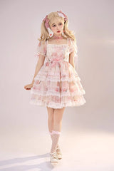 Pink Chiffon Organza Short Sleeves Multi-layer Peach Print Sweet Lolita Jsk Dress - Product - 8