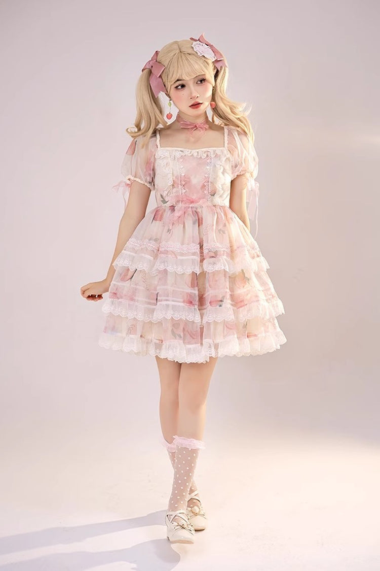Pink Chiffon Organza Short Sleeves Multi-layer Peach Print Sweet Lolita Jsk Dress - Product - 8