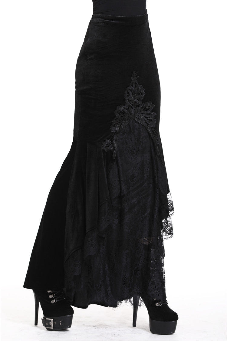 Black Velour Lace Spliced Women's Gothic Mermaid Maxi Skirt - Product - 10