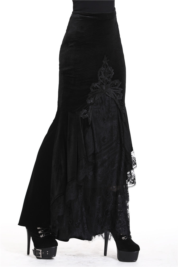 Black Velour Lace Spliced Women's Gothic Mermaid Maxi Skirt - Product - 10