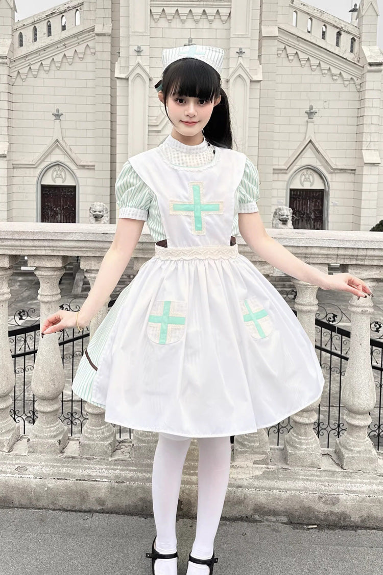 Light Green [Mint Prescription] Stand Collar Short Sleeves Vertical Stripe Printed Bow Sweet Lolita Nurse Dress - Product - 19