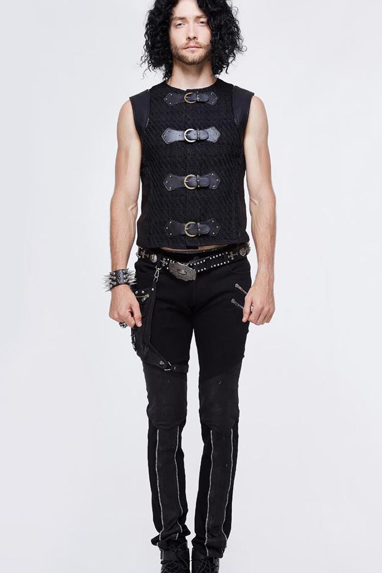 Black Coarse Texture Woolen Patchwork Heat Seal Backing Leather Loop Rough Selvage Men's Punk Waistcoat - Product - 4