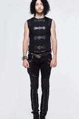Black Coarse Texture Woolen Patchwork Heat Seal Backing Leather Loop Rough Selvage Men's Punk Waistcoat - Product - 4