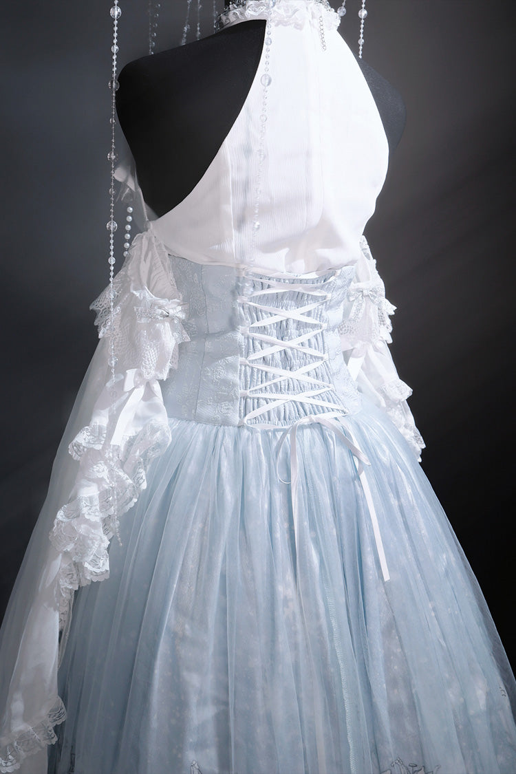 Blue [Snow Lily] Print Ruffle Hanayome Embroidery Bowknot Lace-Up Sweet Elegant Princess Lolita Skirt Set - Product - 7